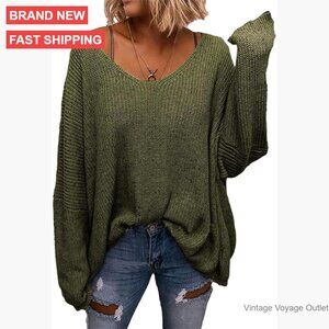Oversized V-Neck Pullover Sweater, Long Sleeve Loose Knit Top, Women's